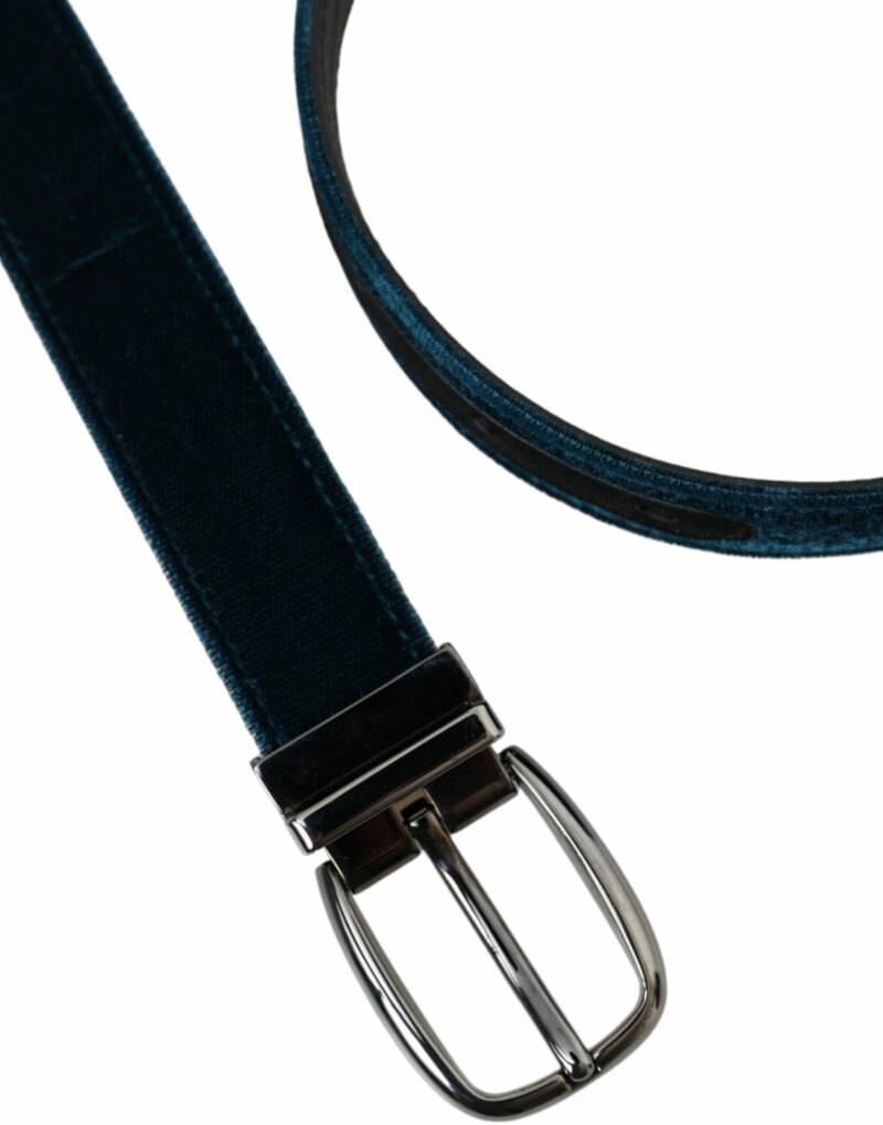 Dolce & Gabbana Blue Velvet Leather Silver Metal Buckle Belt - Image 6