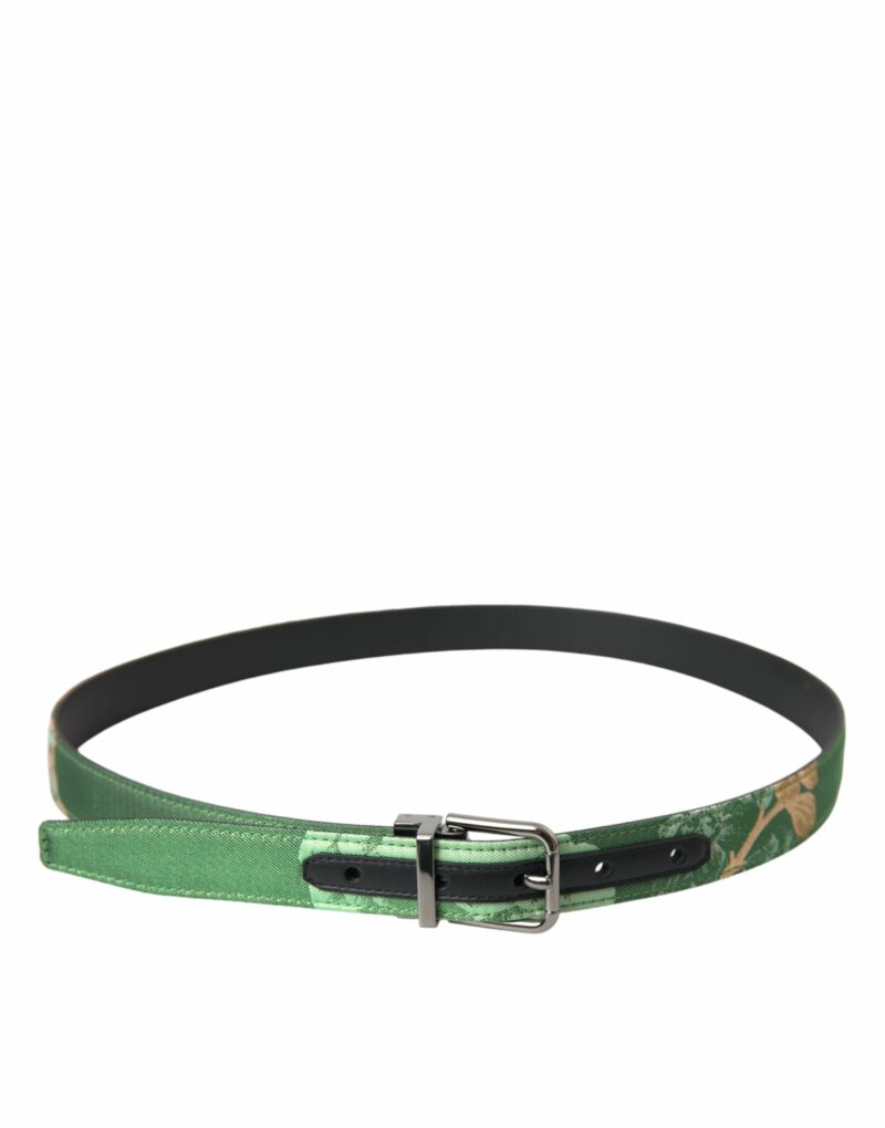 Dolce & Gabbana Green Leather Jacquard Silver Metal Buckle Belt - Image 2