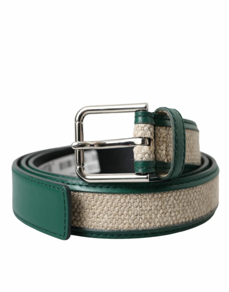 Dolce & Gabbana Green Beige Leather Weaved Metal Buckle Belt - Image 2