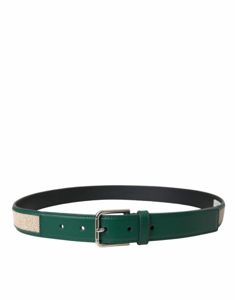 Dolce & Gabbana Green Beige Leather Weaved Metal Buckle Belt - Image 3