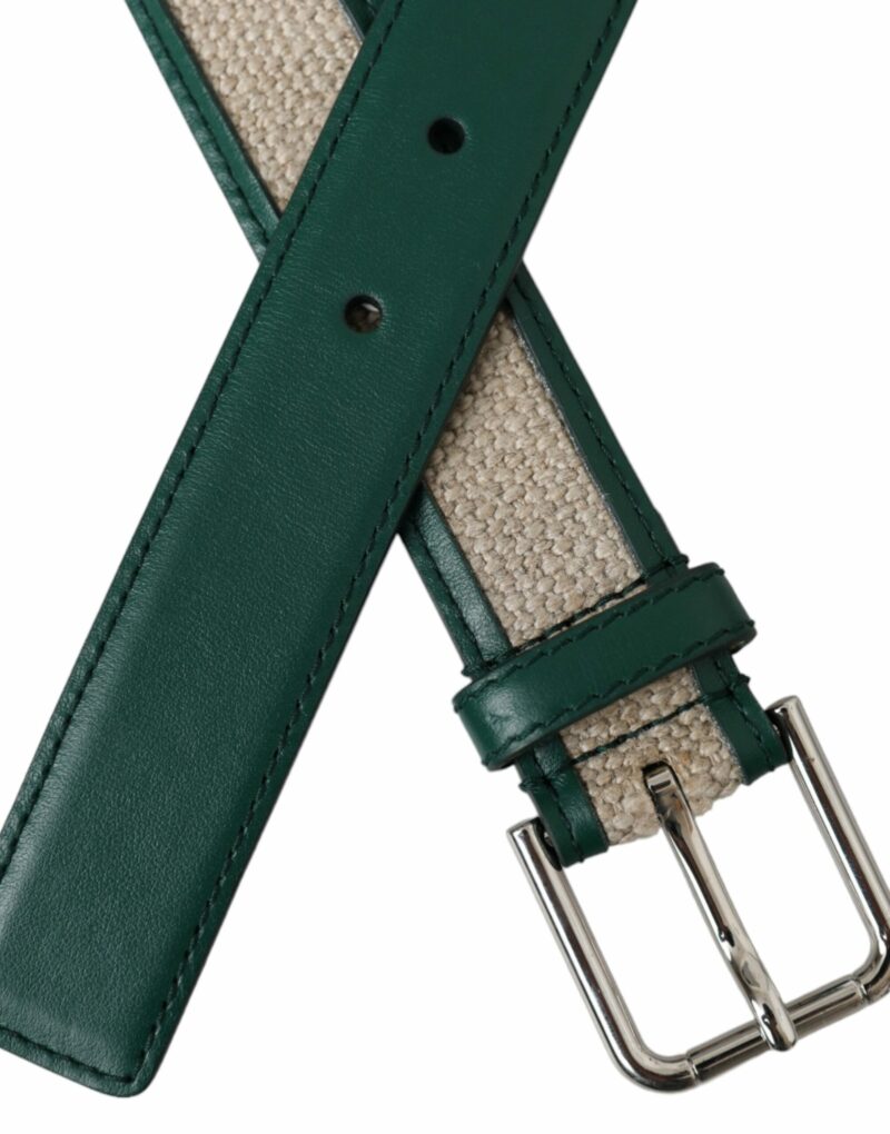 Dolce & Gabbana Green Beige Leather Weaved Metal Buckle Belt - Image 6
