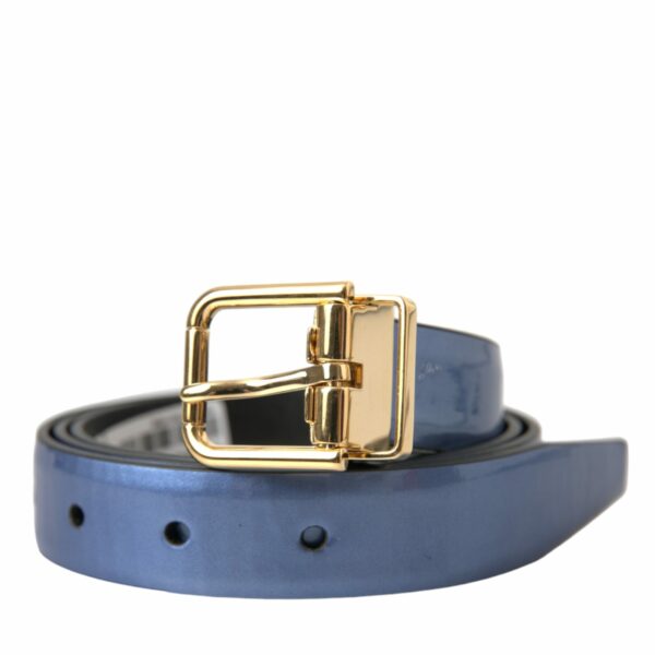 Dolce & Gabbana Metallic Blue Leather Gold Metal Buckle Belt