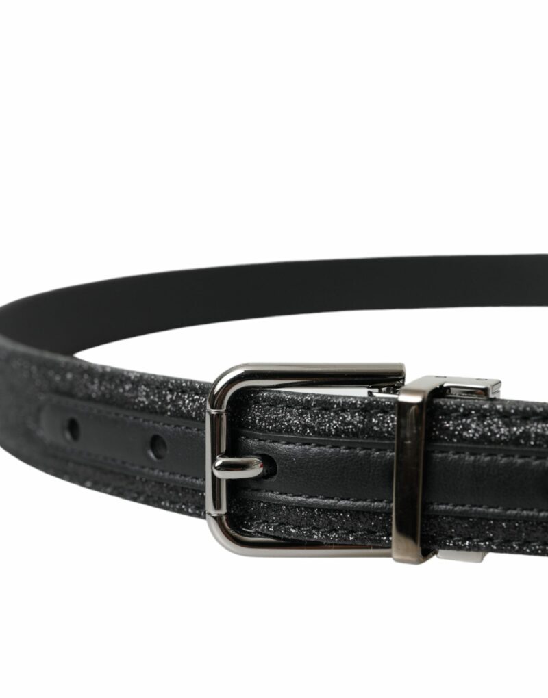 Dolce & Gabbana Black Glittered Leather Silver Buckle Belt - Image 3