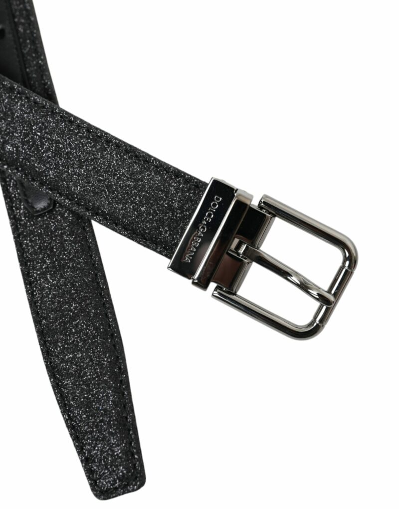 Dolce & Gabbana Black Glittered Leather Silver Buckle Belt - Image 5