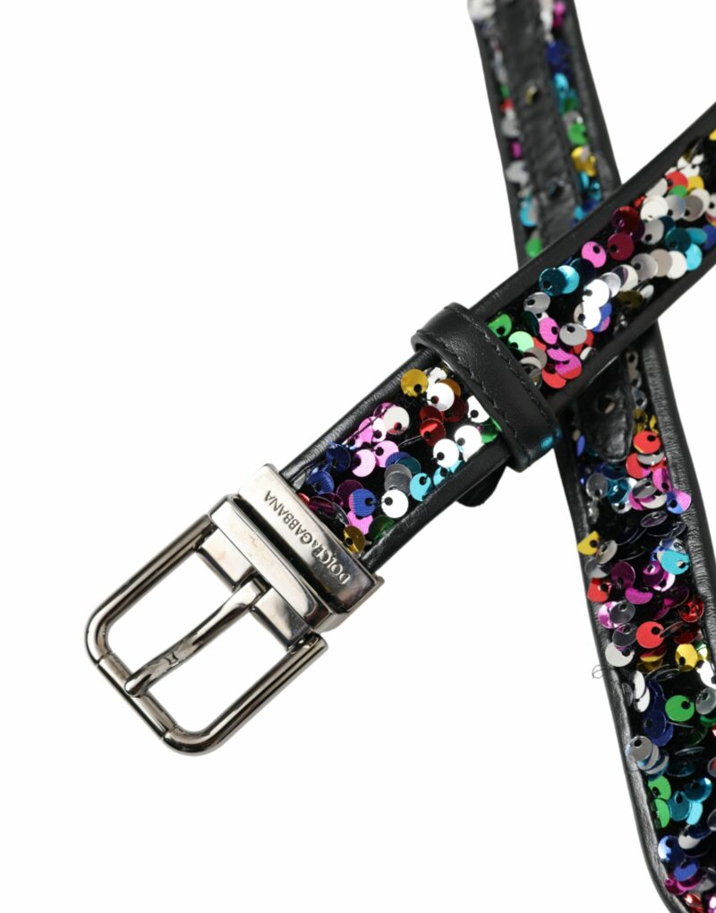 Dolce & Gabbana Black Sequined Silver Metal Buckle Women Belt - Image 4