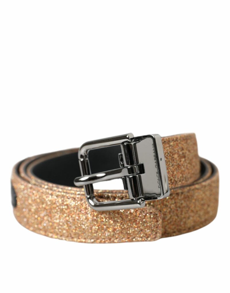 Dolce & Gabbana Gold Glitter Leather Silver Metal Buckle Belt - Image 2
