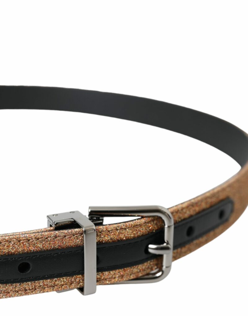 Dolce & Gabbana Gold Glitter Leather Silver Metal Buckle Belt - Image 4
