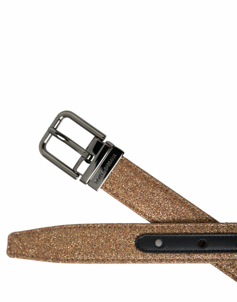 Dolce & Gabbana Gold Glitter Leather Silver Metal Buckle Belt - Image 6