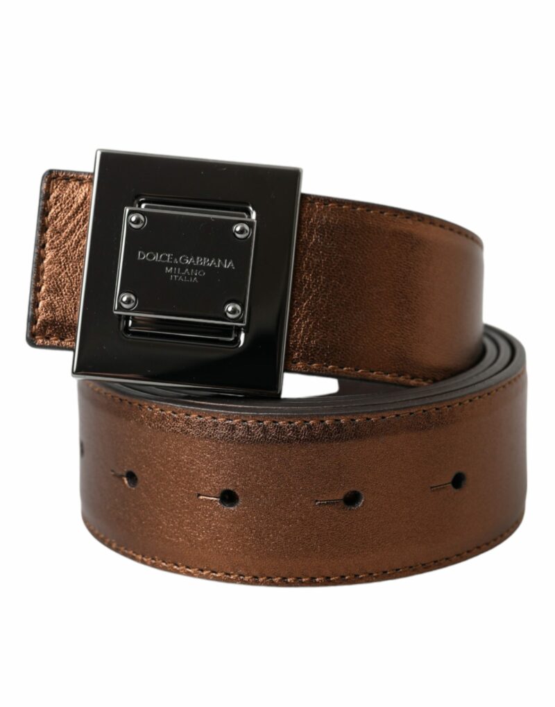 Dolce & Gabbana Metallic Bronze Leather Square Metal Buckle Belt - Image 2