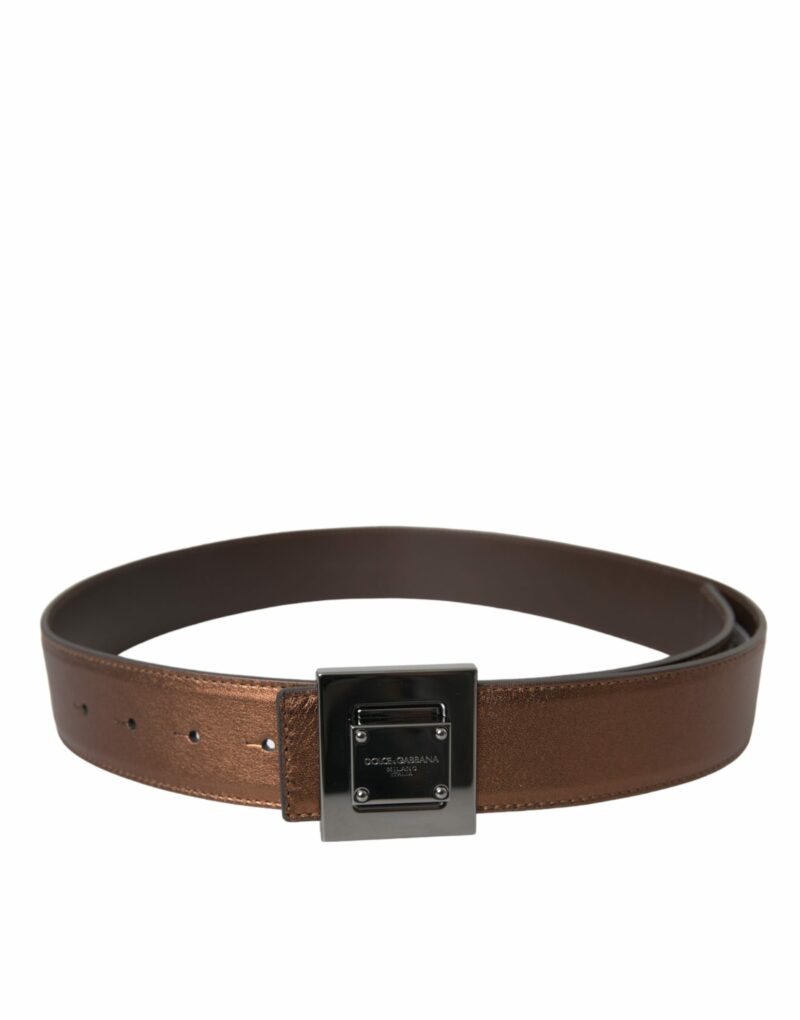 Dolce & Gabbana Metallic Bronze Leather Square Metal Buckle Belt - Image 3