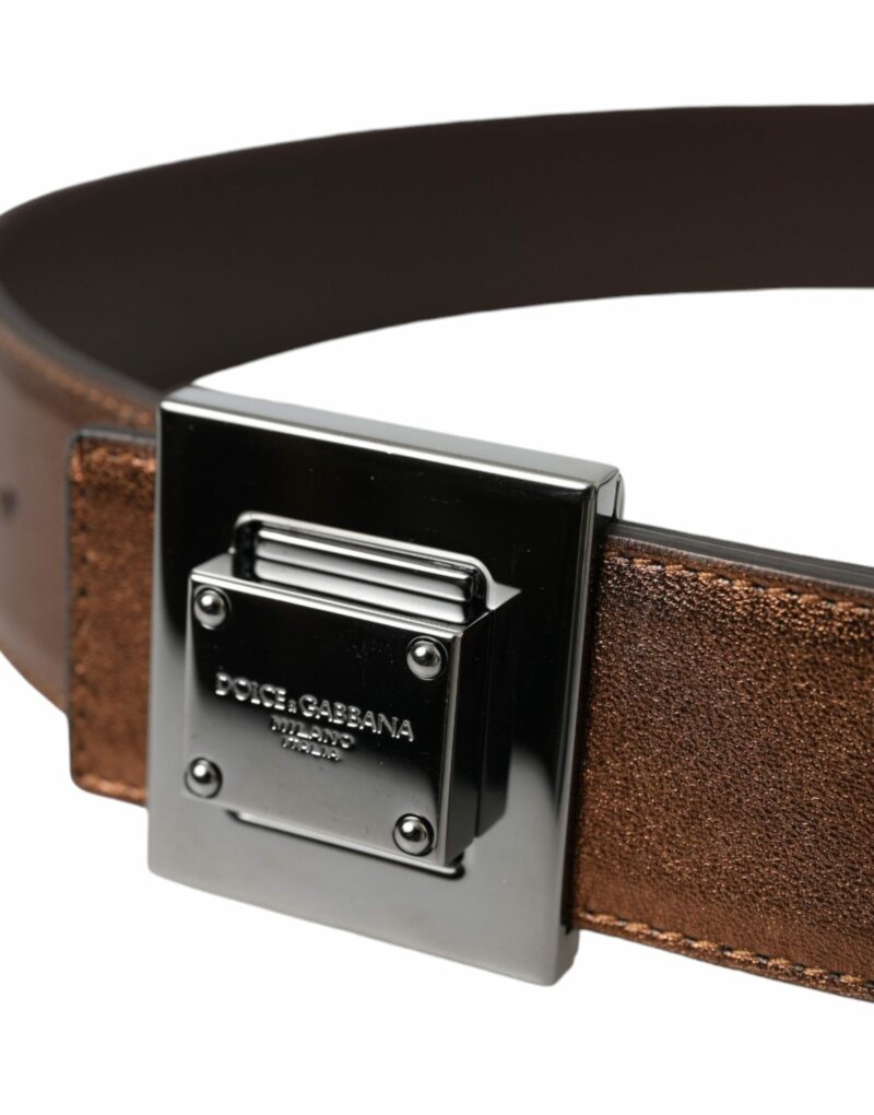 Dolce & Gabbana Metallic Bronze Leather Square Metal Buckle Belt - Image 4