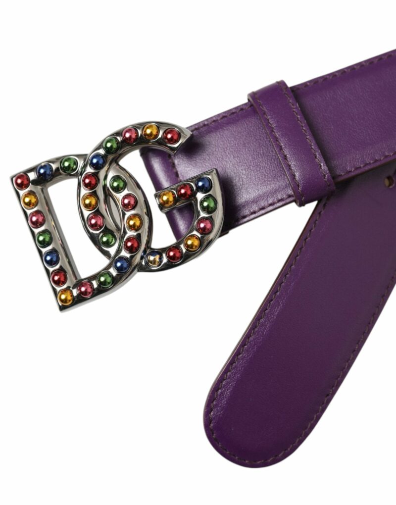 Dolce & Gabbana Purple Leather DG Logo Studs Metal Buckle Belt - Image 4