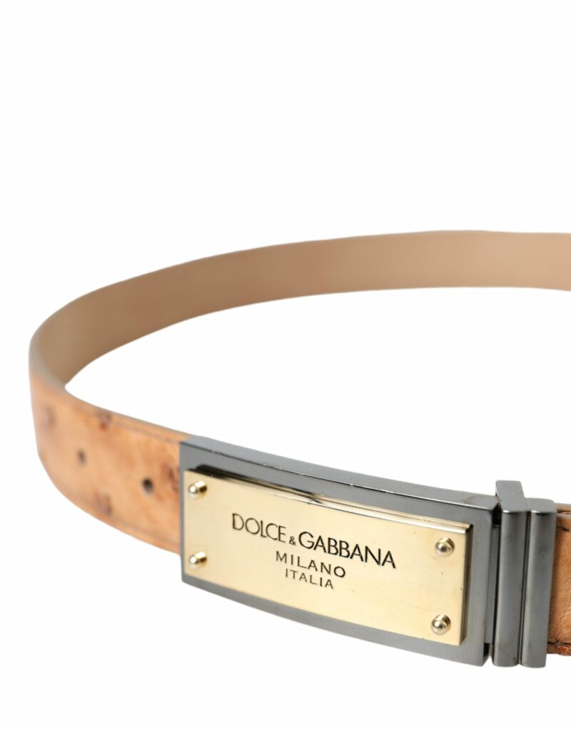 Dolce & Gabbana Beige Leather Gold Logo Engraved Buckle Belt - Image 3