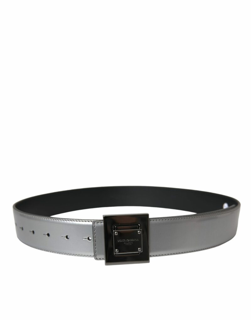Dolce & Gabbana Silver Leather Square Metal Buckle Belt - Image 3