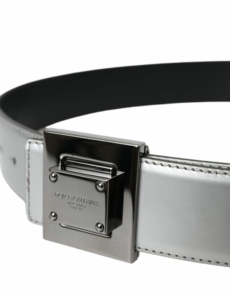 Dolce & Gabbana Silver Leather Square Metal Buckle Belt - Image 4