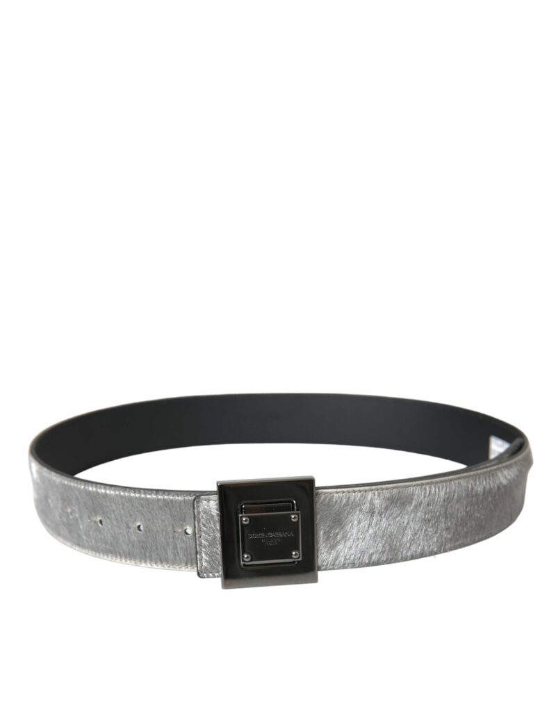 Dolce & Gabbana Silver Leather Square Metal Buckle Belt - Image 2