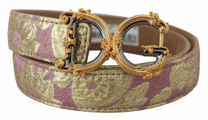 Dolce & Gabbana Pink Jaquard DG Logo Gold Metal Buckle Belt - Image 2