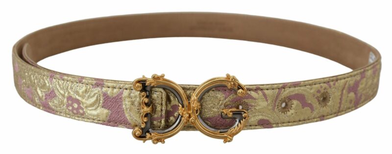Dolce & Gabbana Pink Jaquard DG Logo Gold Metal Buckle Belt - Image 3