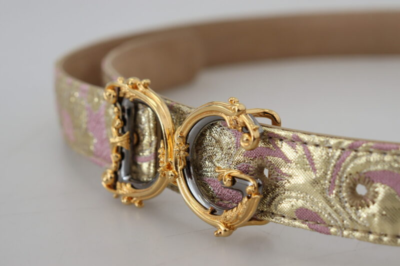 Dolce & Gabbana Pink Jaquard DG Logo Gold Metal Buckle Belt - Image 4