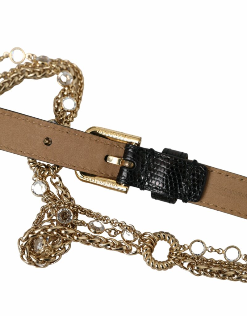 Dolce & Gabbana Black Leather Gold Chain Crystal Waist Women Belt - Image 4