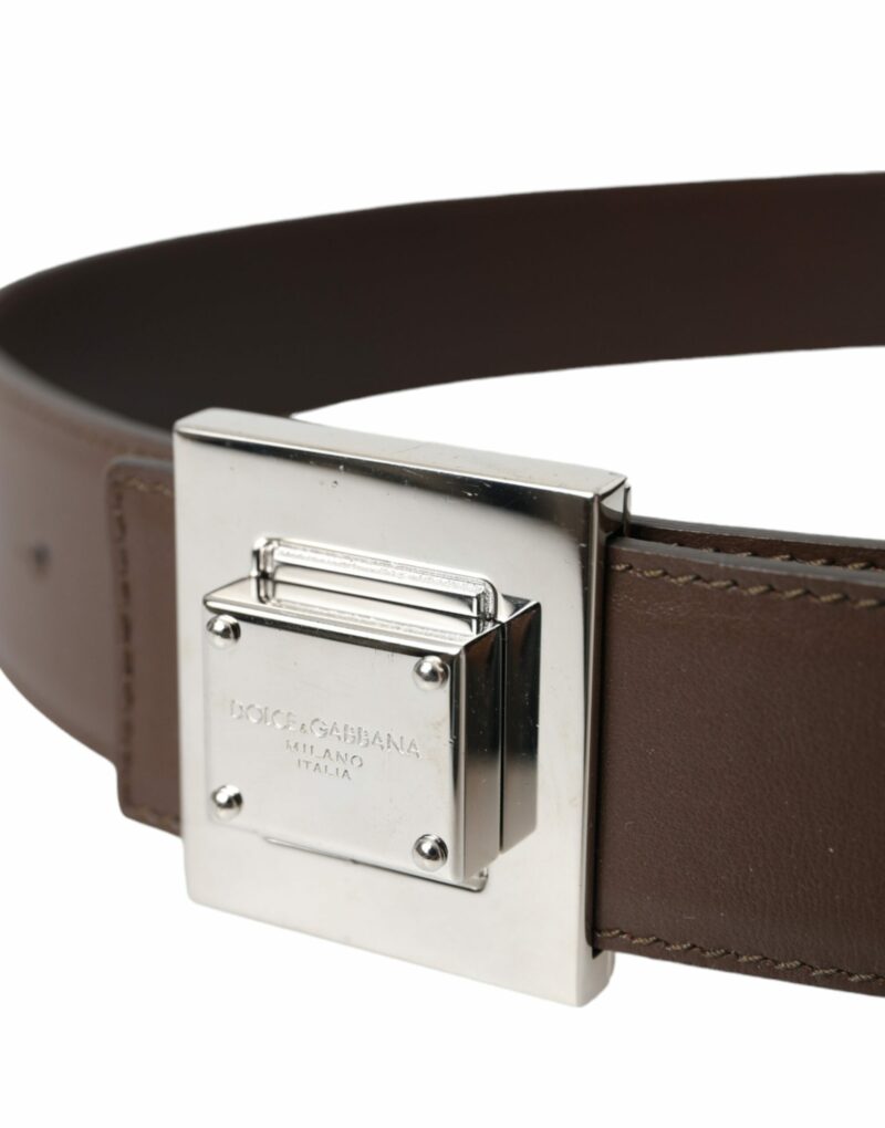 Dolce & Gabbana Brown Calf Leather Square Metal Buckle Belt - Image 3