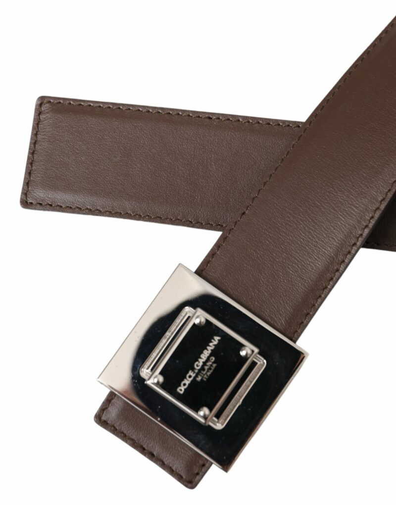 Dolce & Gabbana Brown Calf Leather Square Metal Buckle Belt - Image 4