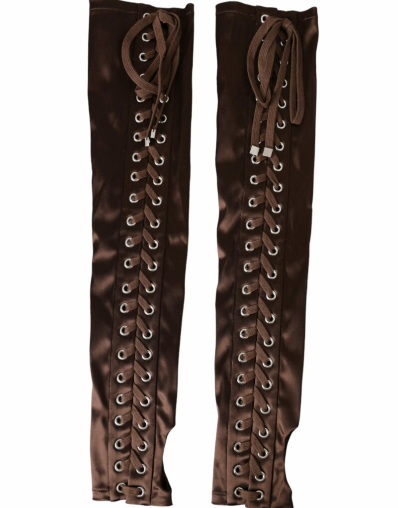 Dolce & Gabbana Brown Acetate Lace Up Fingerless Gloves - Image 2