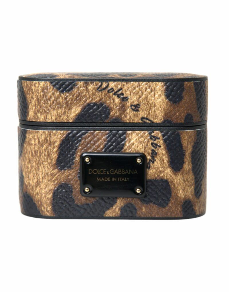 Dolce & Gabbana Brown Leopard Calf Leather Metal Logo Plaque Airpods Case - Image 2
