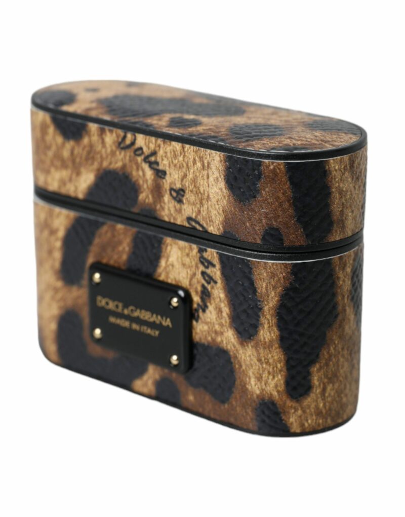 Dolce & Gabbana Brown Leopard Calf Leather Metal Logo Plaque Airpods Case - Image 3