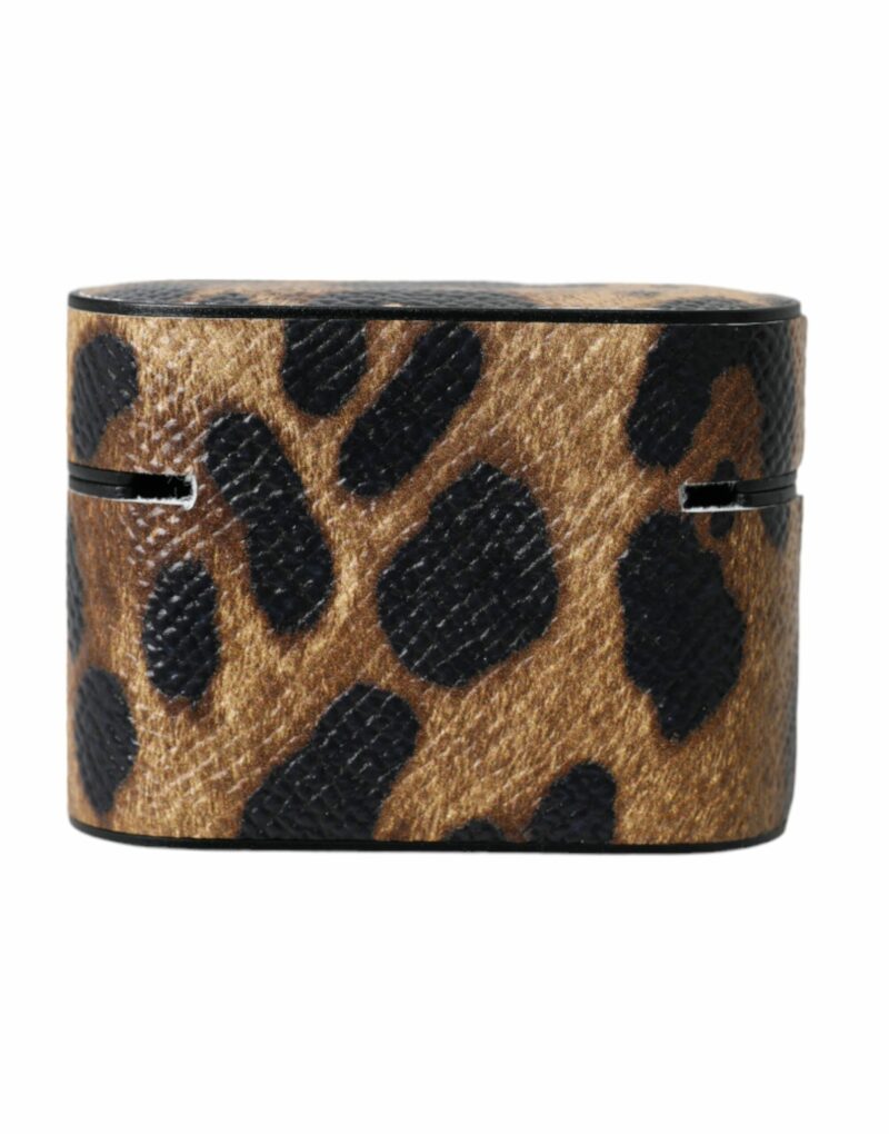 Dolce & Gabbana Brown Leopard Calf Leather Metal Logo Plaque Airpods Case - Image 4
