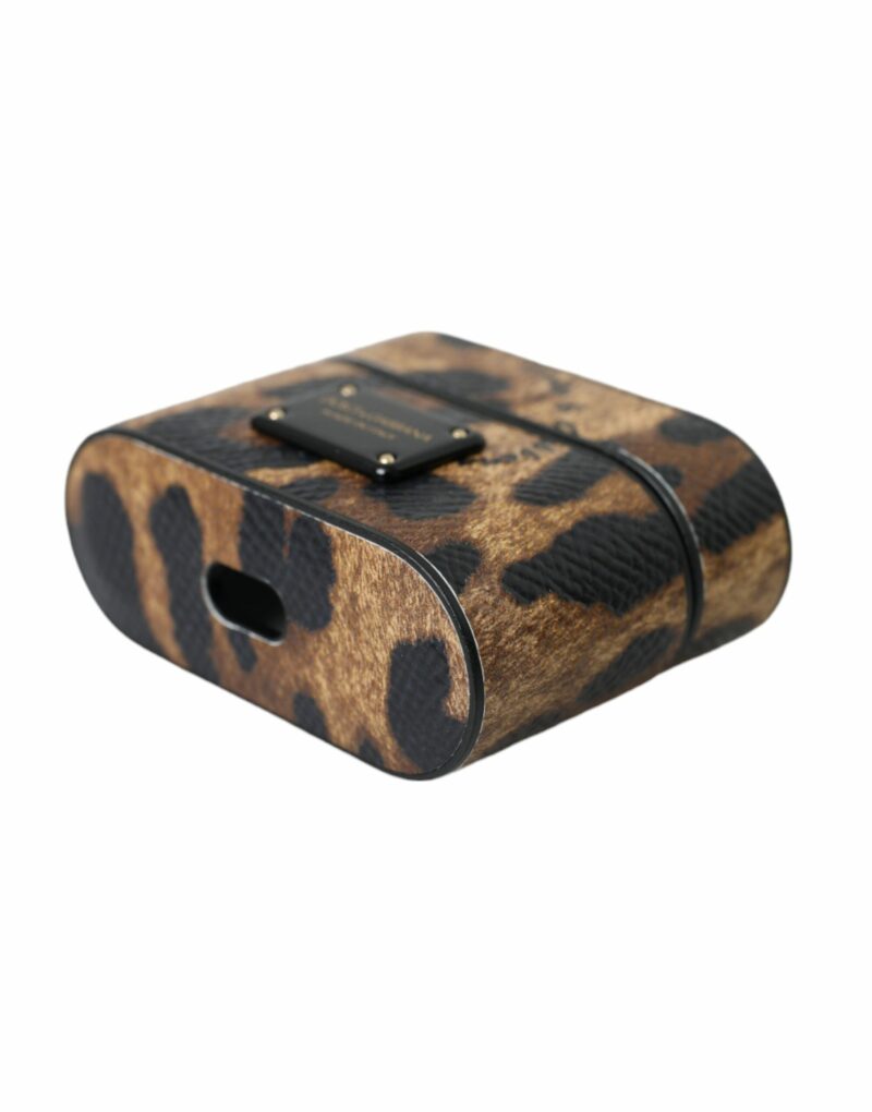 Dolce & Gabbana Brown Leopard Calf Leather Metal Logo Plaque Airpods Case - Image 5