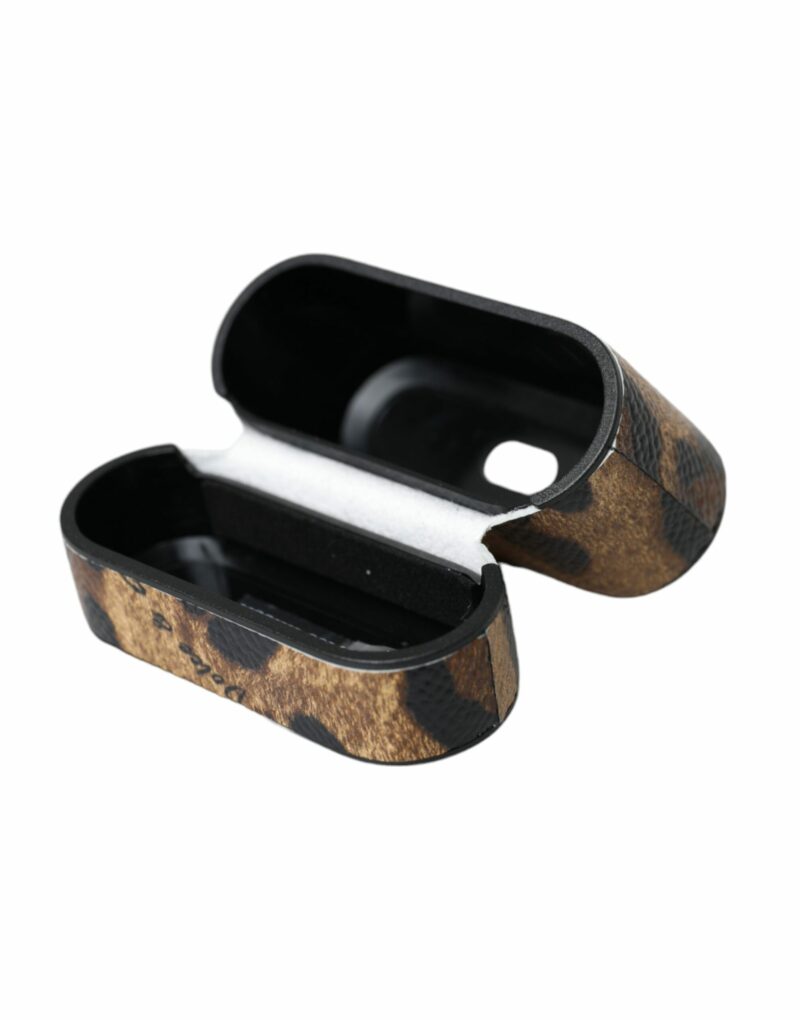 Dolce & Gabbana Brown Leopard Calf Leather Metal Logo Plaque Airpods Case - Image 7