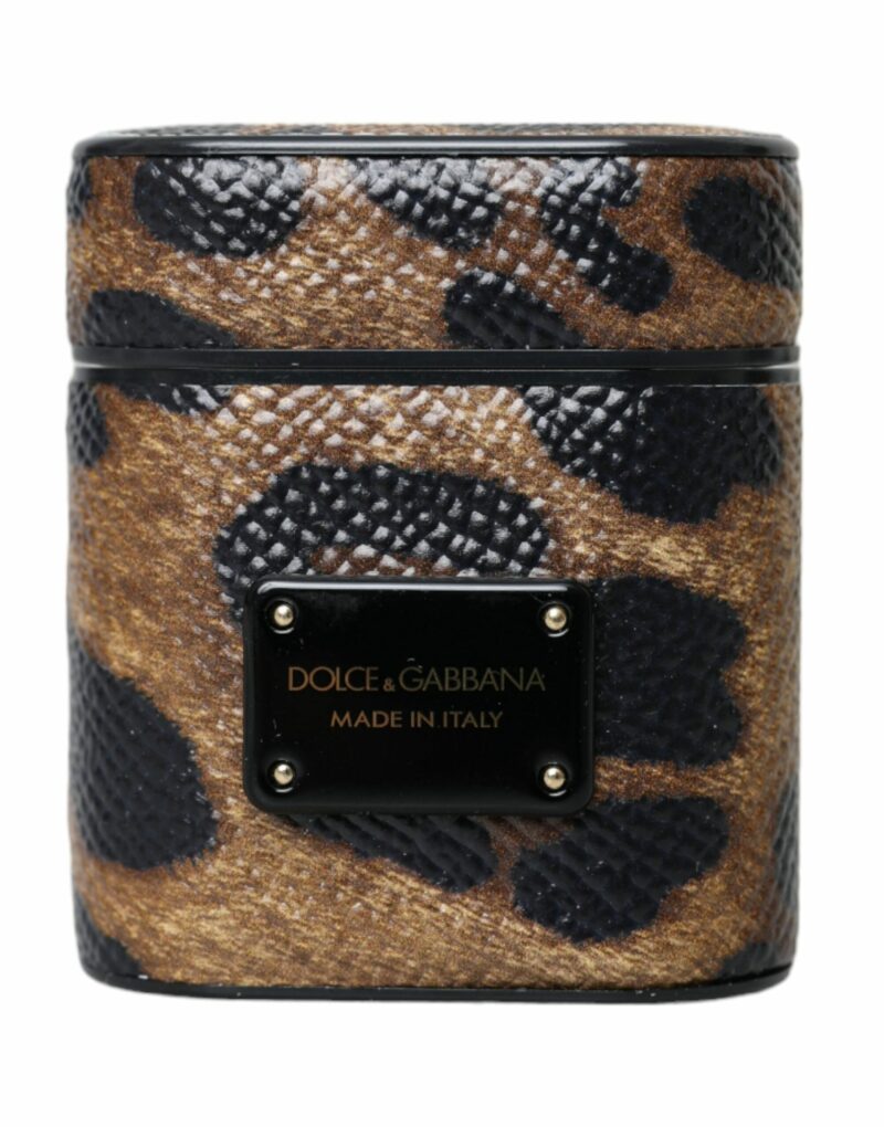 Dolce & Gabbana Brown Leopard Calf Leather Metal Logo Plaque Airpods Case - Image 2