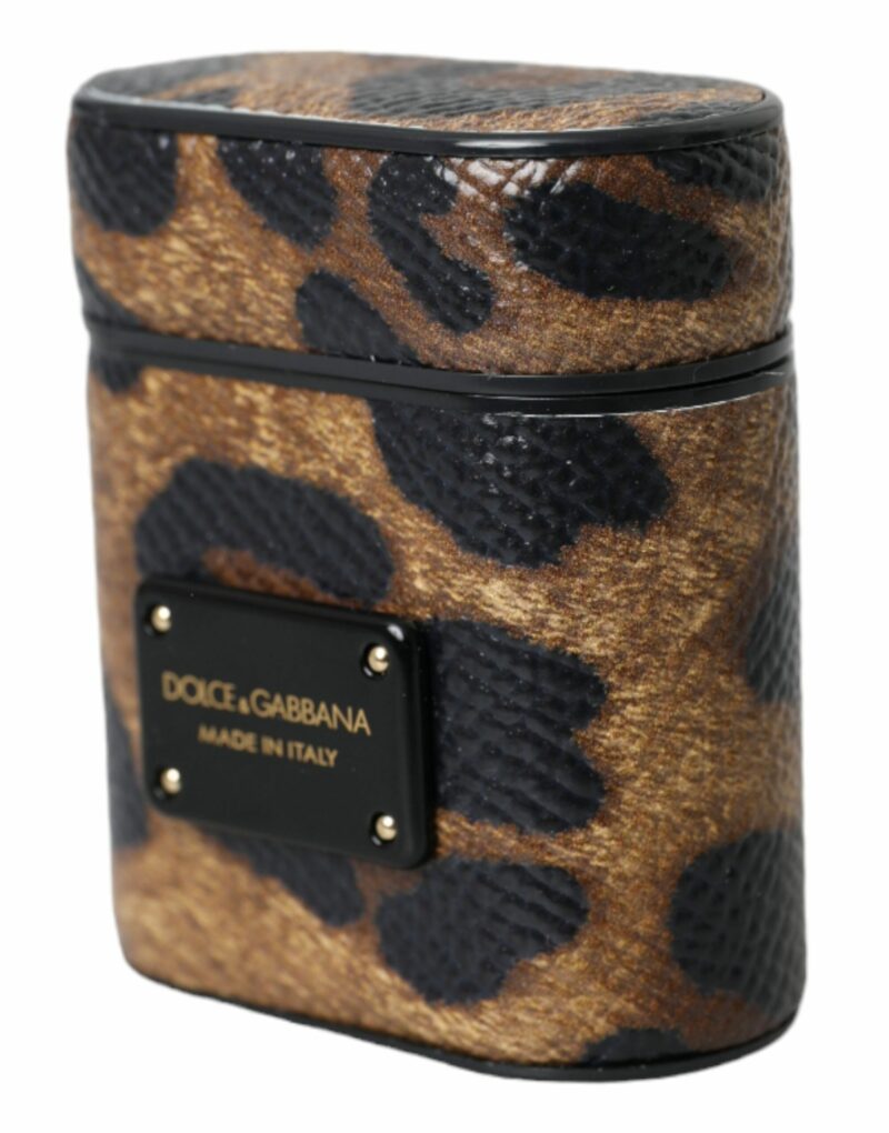 Dolce & Gabbana Brown Leopard Calf Leather Metal Logo Plaque Airpods Case - Image 3