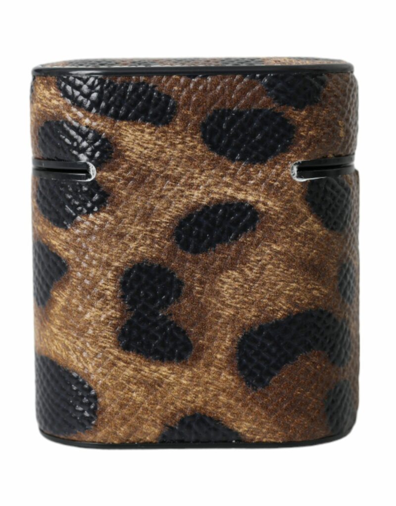 Dolce & Gabbana Brown Leopard Calf Leather Metal Logo Plaque Airpods Case - Image 4