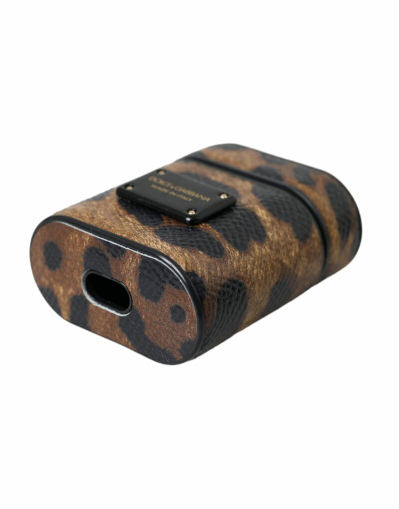 Dolce & Gabbana Brown Leopard Calf Leather Metal Logo Plaque Airpods Case - Image 5