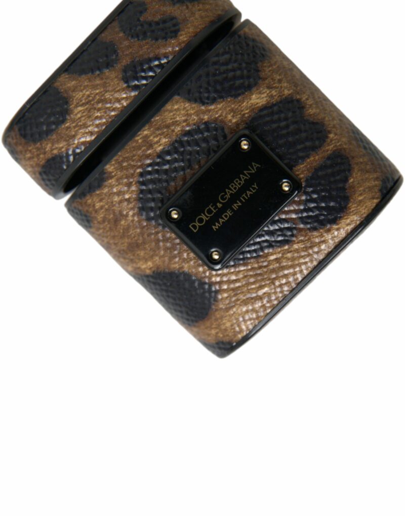Dolce & Gabbana Brown Leopard Calf Leather Metal Logo Plaque Airpods Case - Image 6