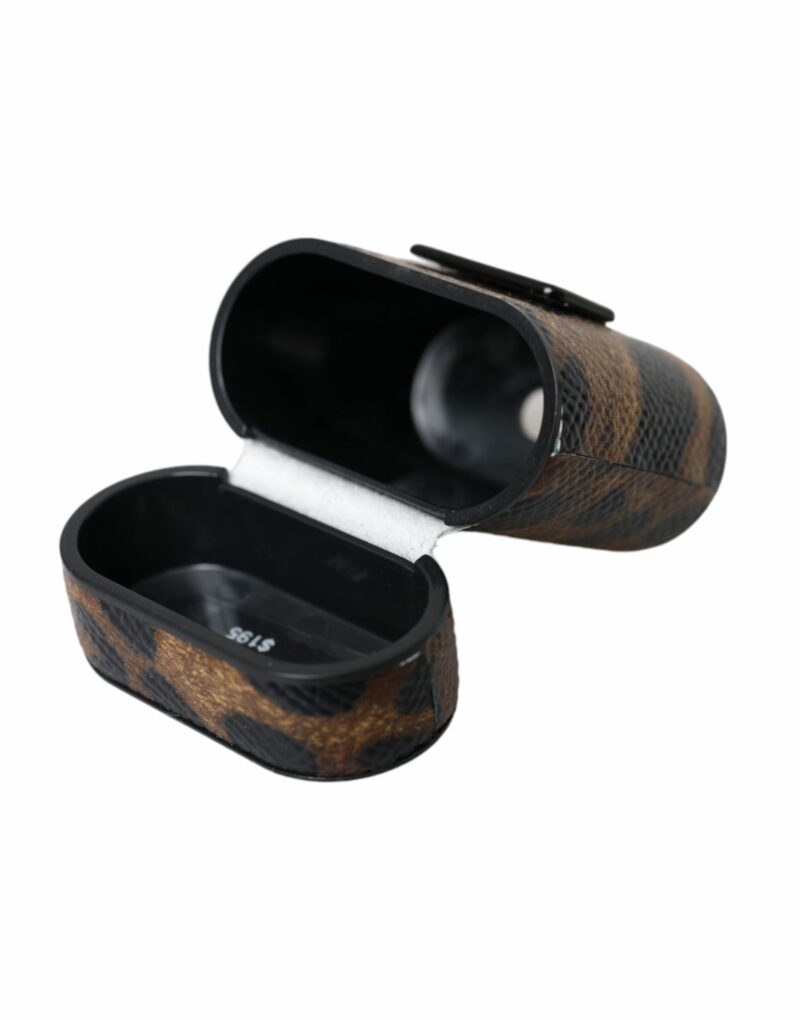 Dolce & Gabbana Brown Leopard Calf Leather Metal Logo Plaque Airpods Case - Image 7