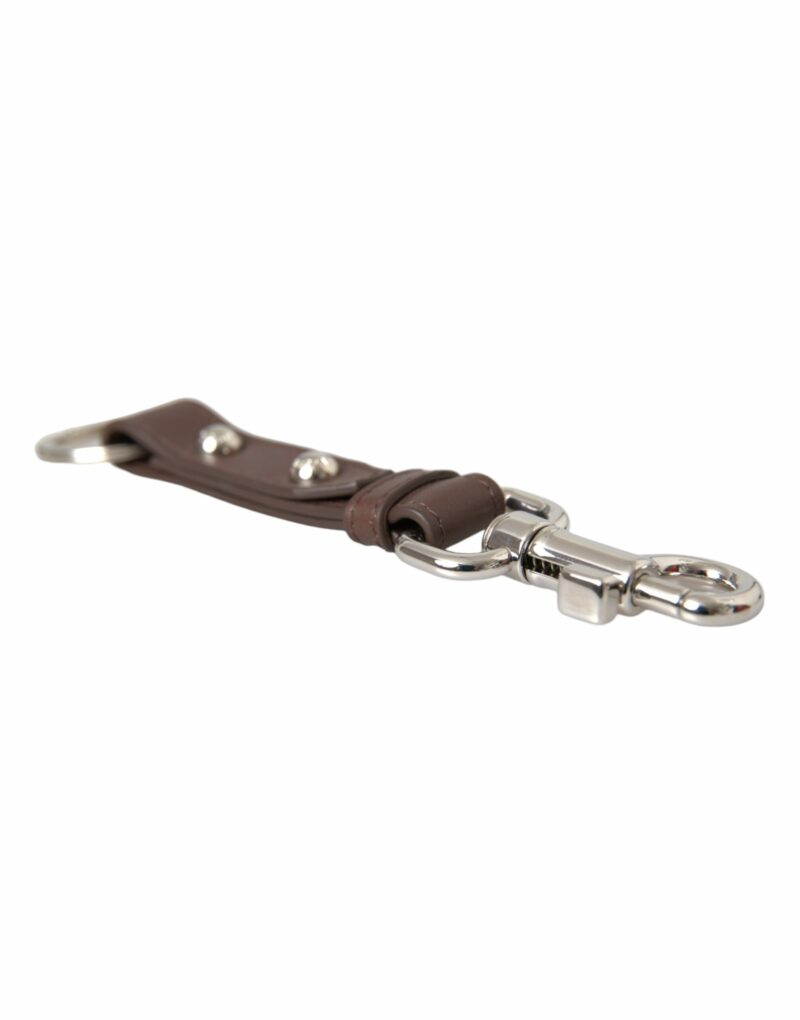 Dolce & Gabbana Brown Plain Leather Silver Brass Keyring Holder Keychain - Image 4