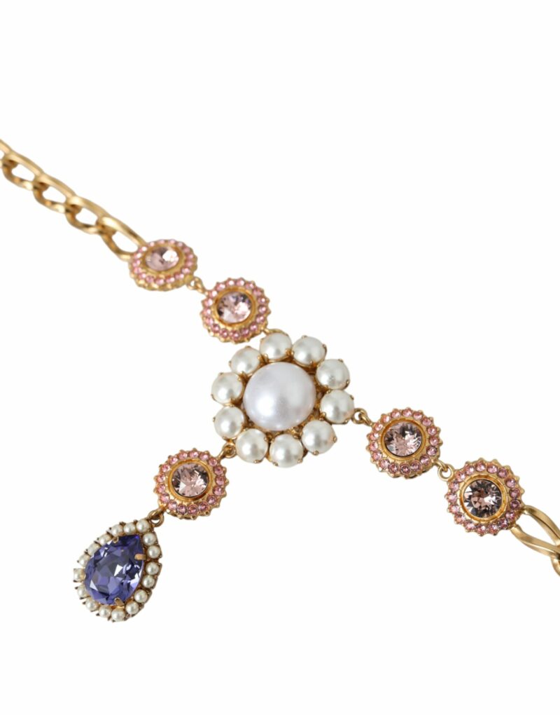 Dolce & Gabbana Gold Brass Crystal Purple Pink Pearl Pendants Necklace - Image 2