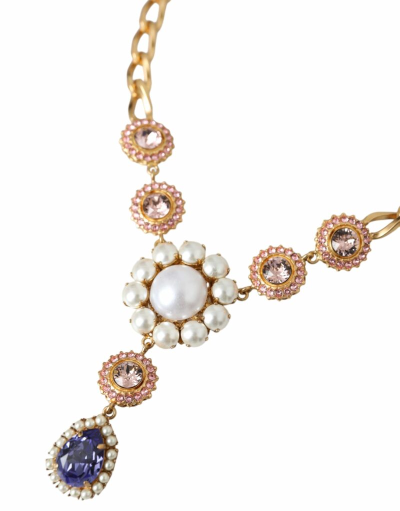 Dolce & Gabbana Gold Brass Crystal Purple Pink Pearl Pendants Necklace - Image 3