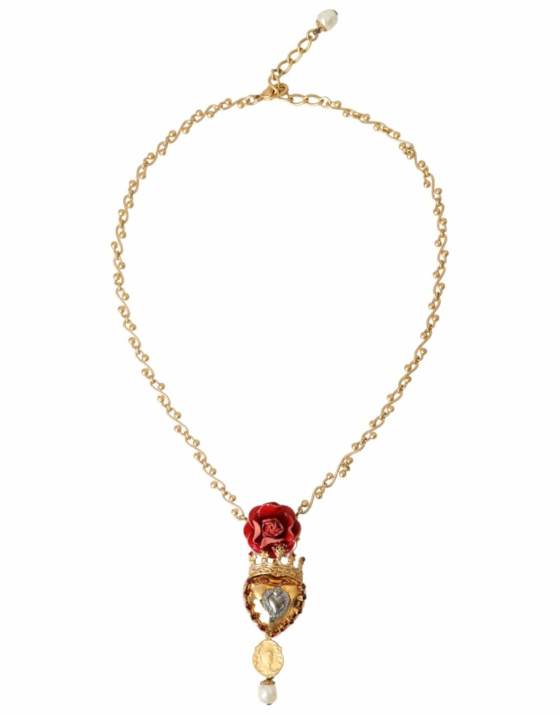 Dolce & Gabbana Gold BrassChain Sacred Heart Rose Crystal Charm Necklace - Image 2