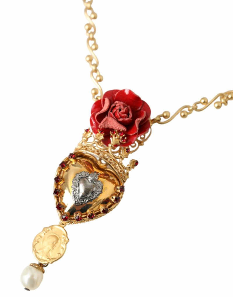 Dolce & Gabbana Gold BrassChain Sacred Heart Rose Crystal Charm Necklace - Image 3