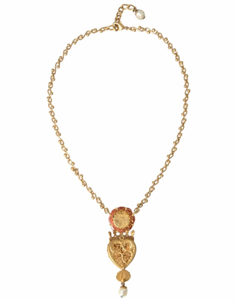 Dolce & Gabbana Gold BrassChain Sacred Heart Rose Crystal Charm Necklace - Image 4