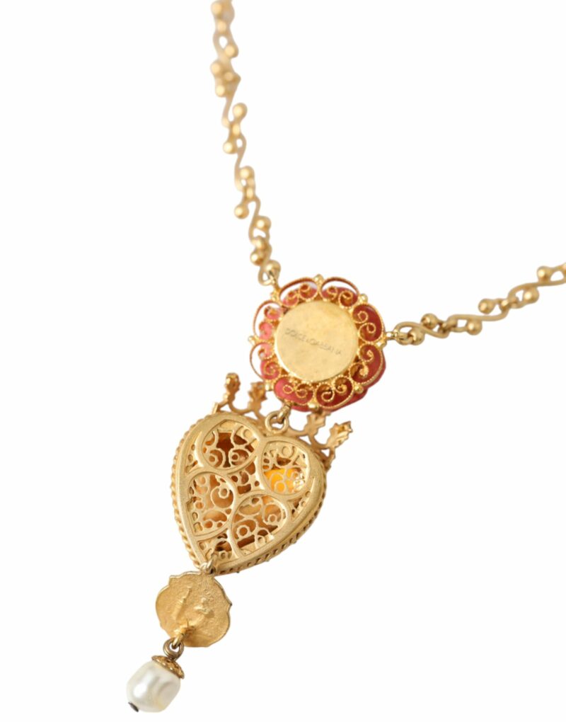 Dolce & Gabbana Gold BrassChain Sacred Heart Rose Crystal Charm Necklace - Image 5