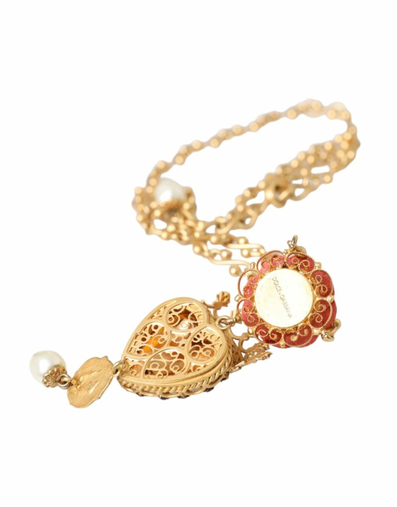 Dolce & Gabbana Gold BrassChain Sacred Heart Rose Crystal Charm Necklace - Image 6