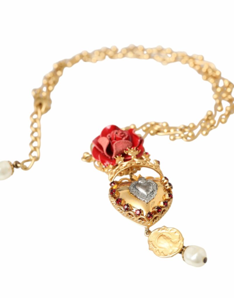 Dolce & Gabbana Gold BrassChain Sacred Heart Rose Crystal Charm Necklace - Image 7