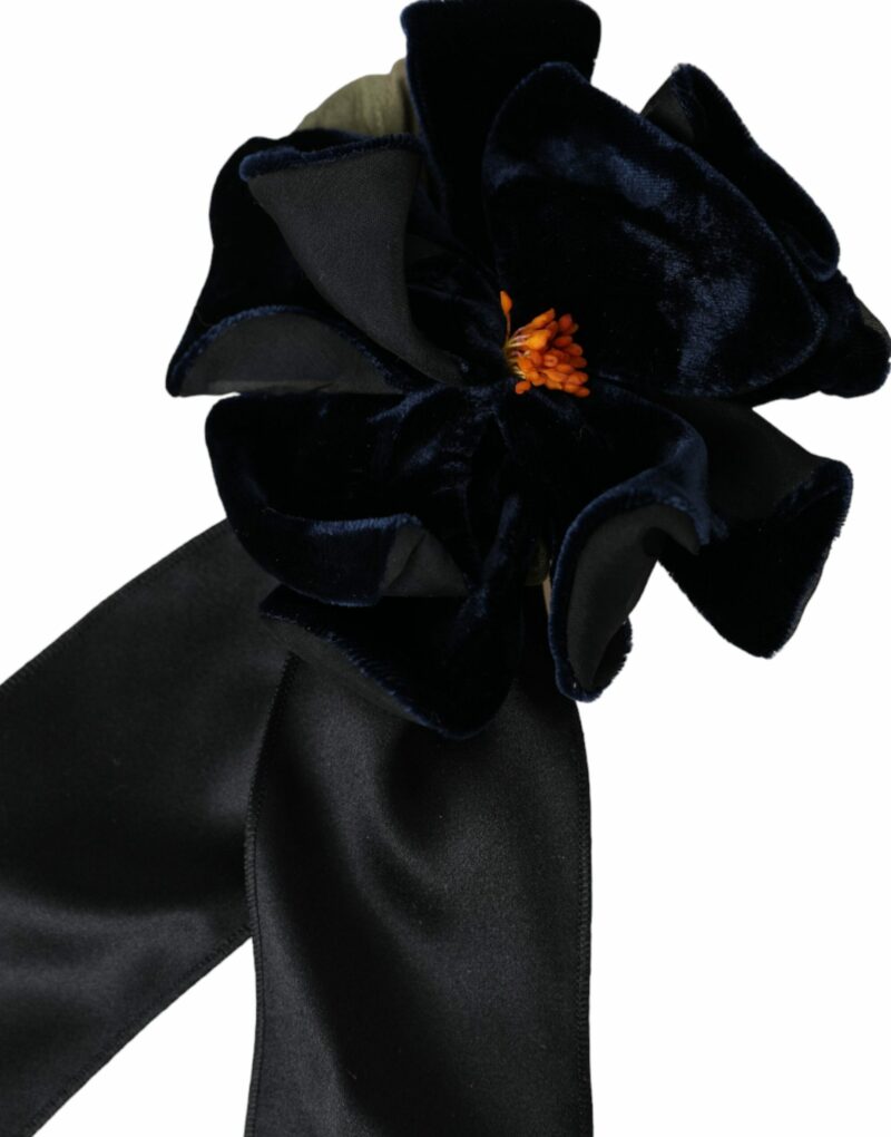 Dolce & Gabbana Black Silk Gold Brass Floral Hair Pin Brooch - Image 3