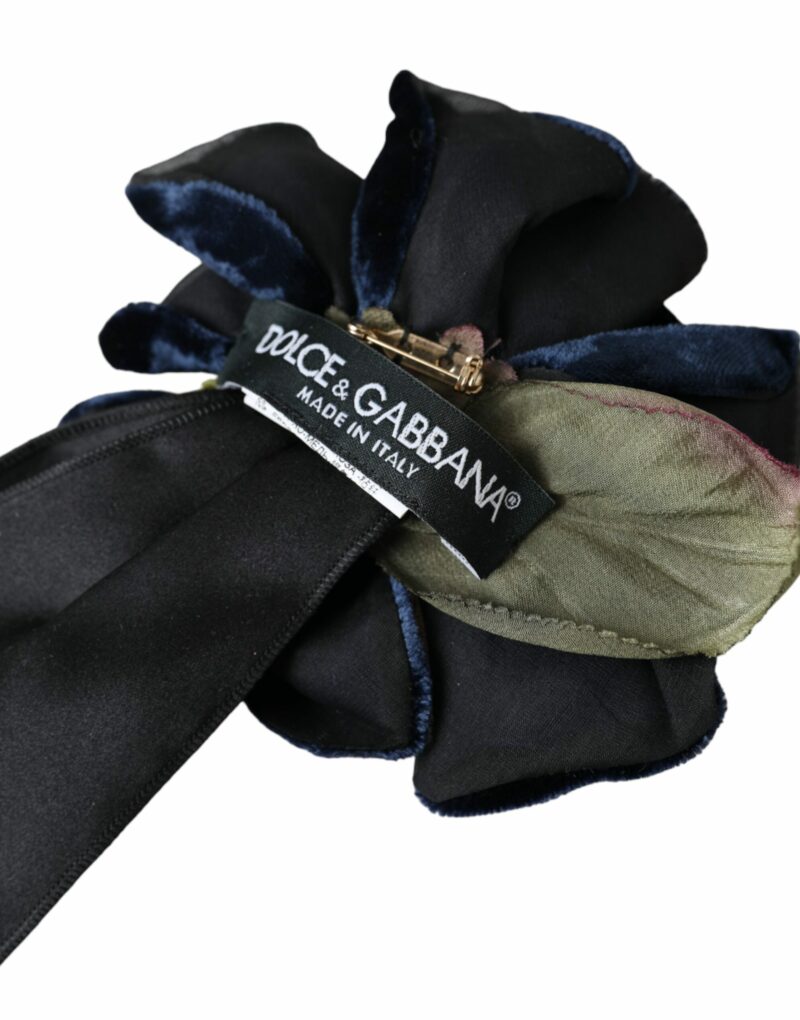 Dolce & Gabbana Black Silk Gold Brass Floral Hair Pin Brooch - Image 5