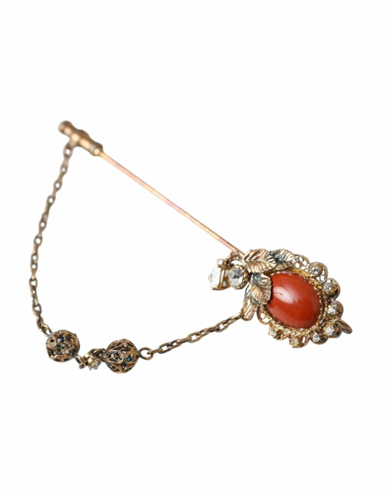 Dolce & Gabbana Gold Brass Crystal Chain 925 Sterling Silver Pin Brooch - Image 3